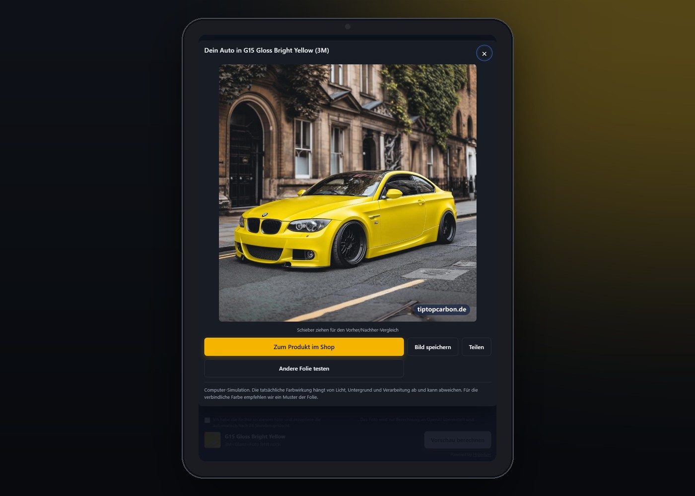 iPad auf dem Beratungstisch einer Folierer-Werkstatt: die Hyperlizer-App im Studio-Design zeigt das Ergebnis, einen BMW in Glanz Gelb