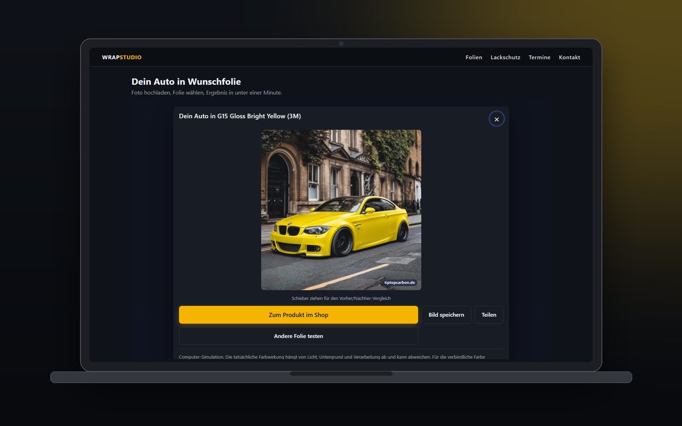 Laptop mit einem Online-Shop, in dessen Seite das Hyperlizer-Widget im Design Studio eingebunden ist und das Ergebnis zeigt