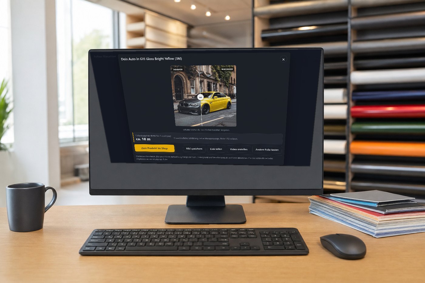 Bildschirm im Büro eines Folienhändlers: der Visualizer zeigt einen BMW, links noch im Originallack, rechts in glänzendem Gelb