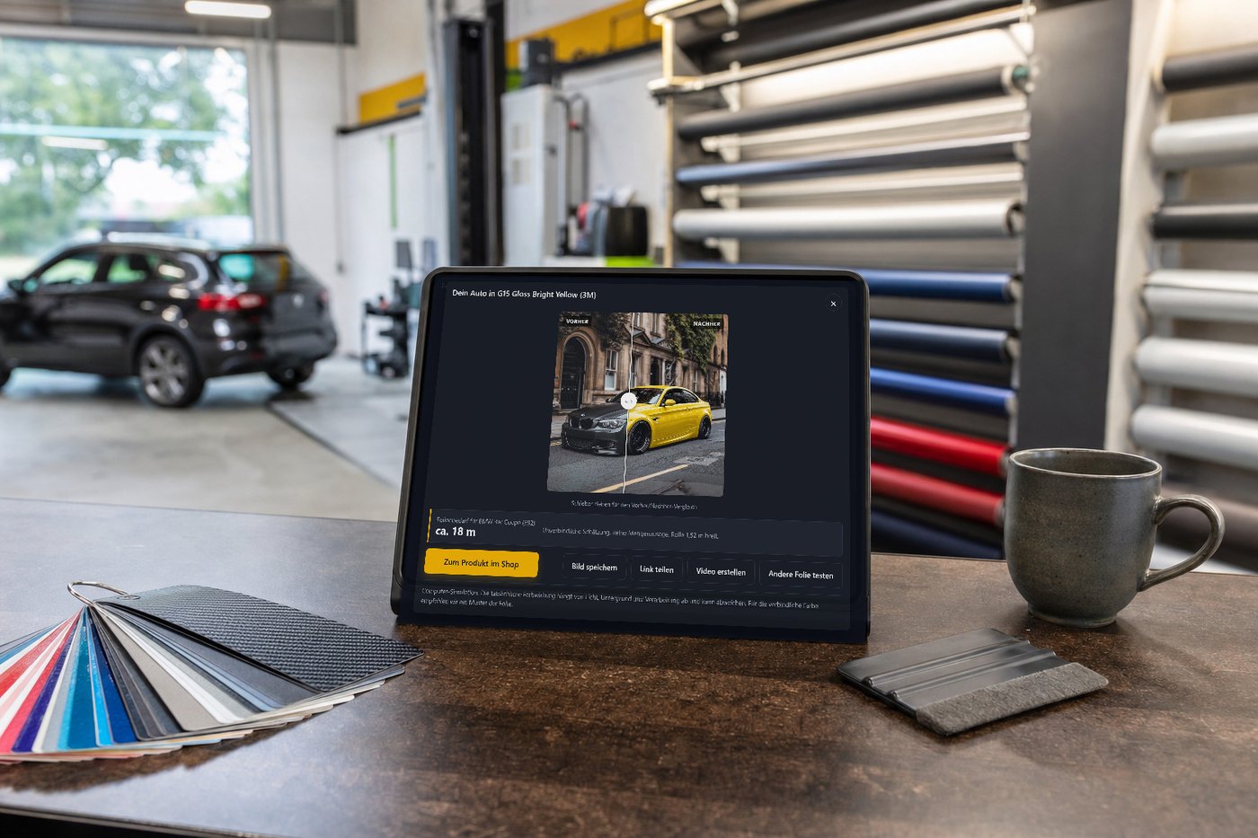 Tablet auf dem Tresen einer Folierer-Werkstatt: im Visualizer steht ein BMW, links noch im Originallack, rechts in glaenzendem Gelb
